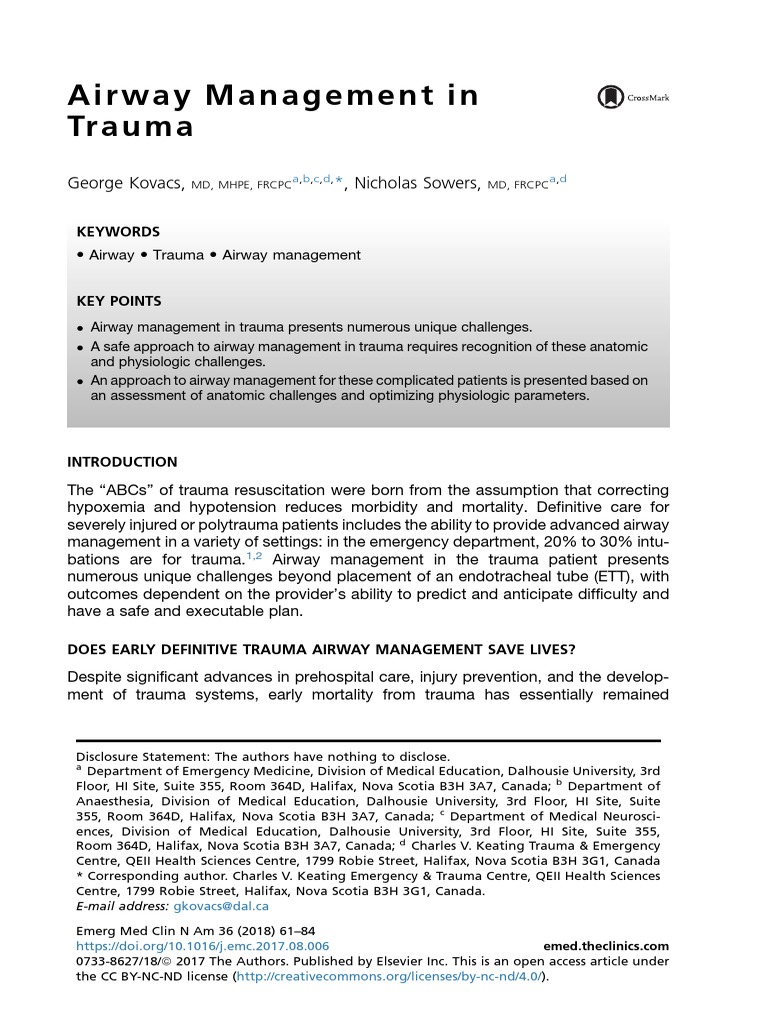 Airway Management in Trauma | PDF | Major Trauma | Traumatic Brain Injury