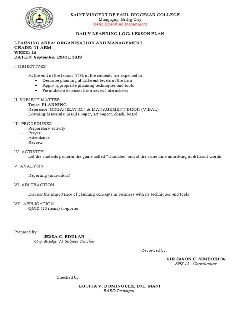 Grade 11 Planning Lesson Plan | PDF