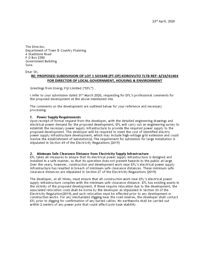 EFL Comments on Korovuto Subdivision | PDF | Power Supply | Infrastructure