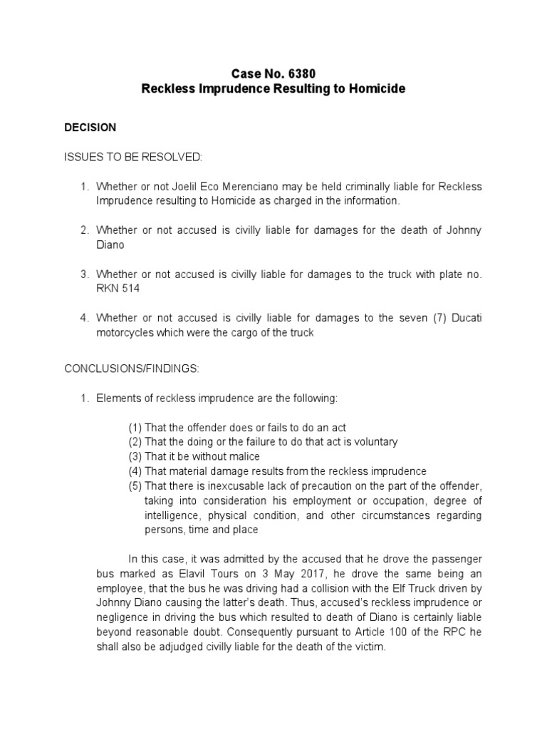 Case No. 6380 Reckless Imprudence Resulting To Homicide Decision