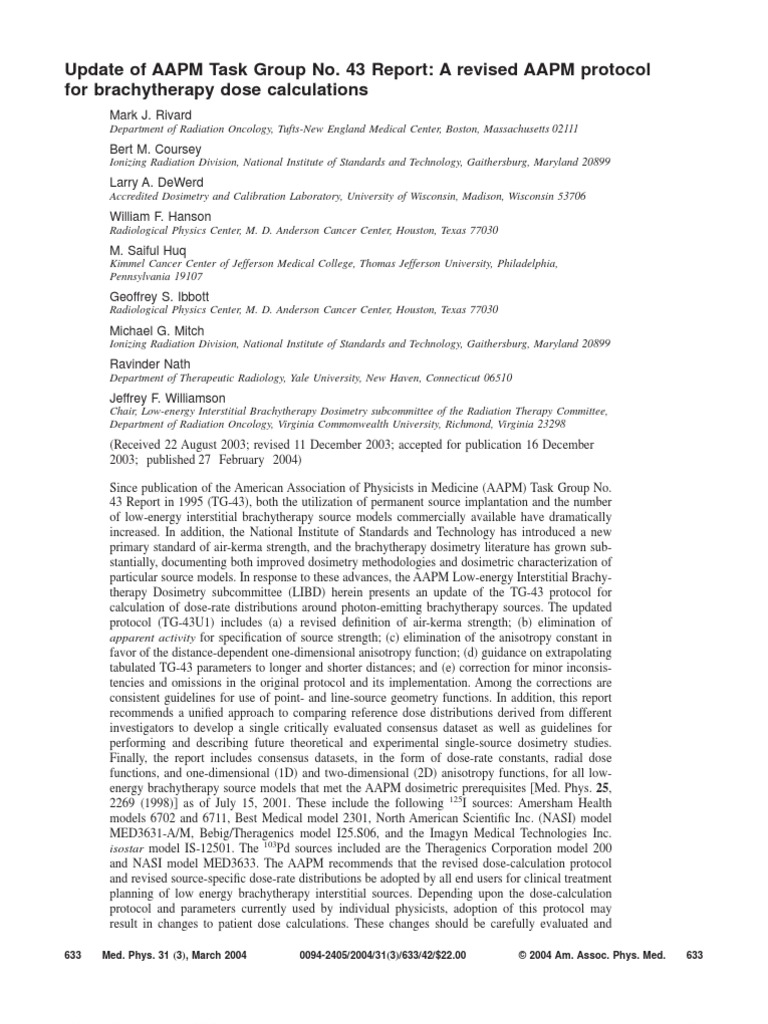 Update of AAPM Task Group No. 43 Report A Revised AAPM Protocol For