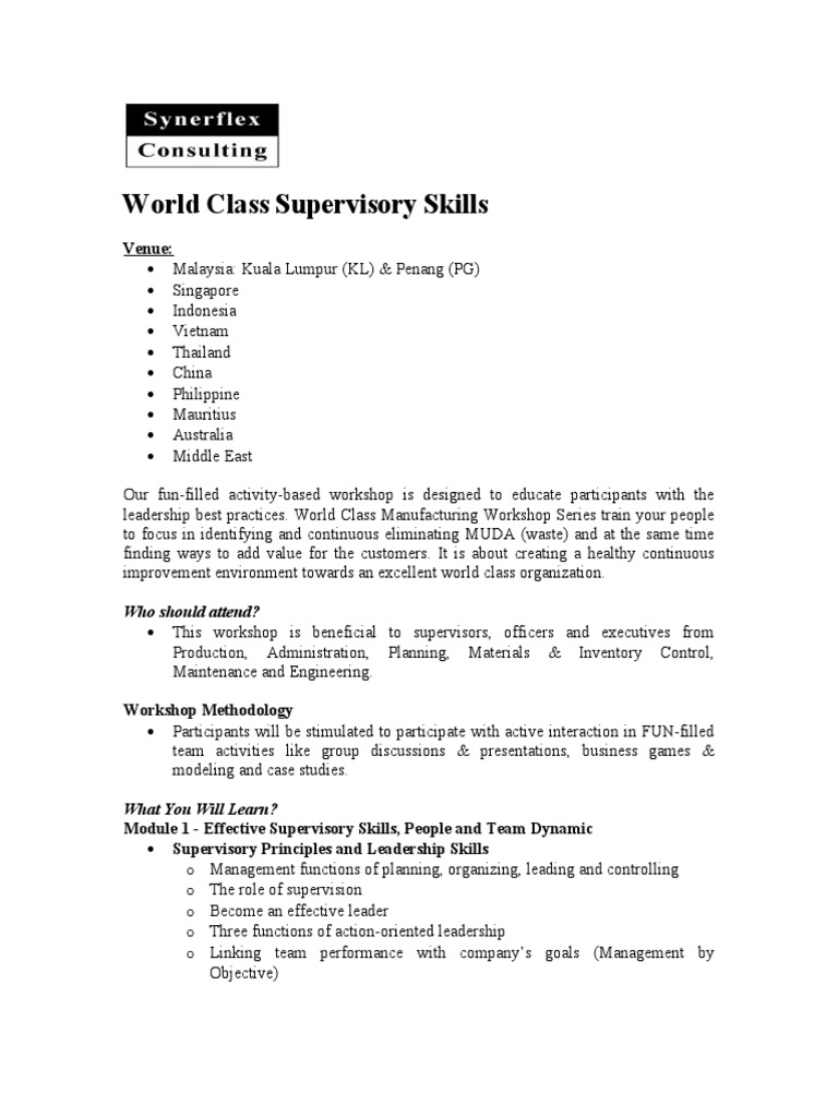 World Class Supervisory Skills Workshop | PDF | Industrial And ...