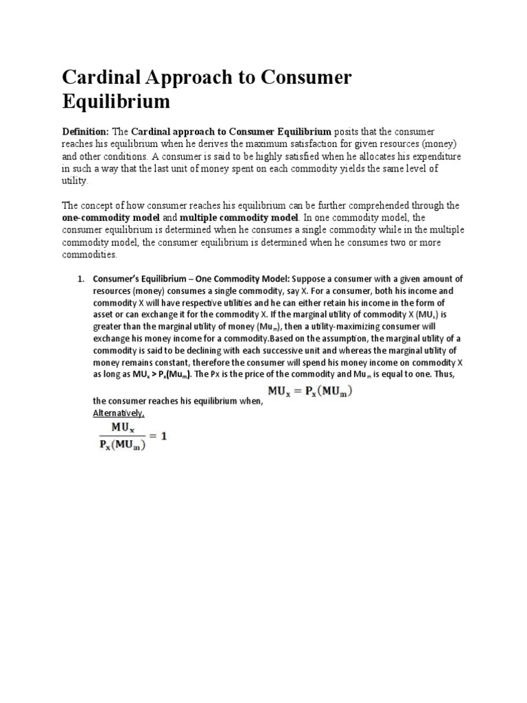 Cardinal Approach To Consumer Equilibrium Pdf Utility Economic