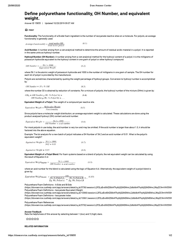 Dow Answer Center-PU Calculations PDF | PDF | Polyurethane | Physical ...