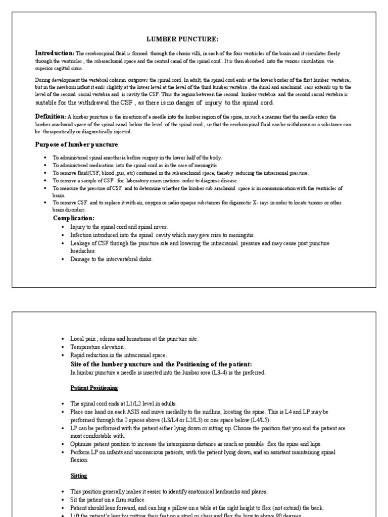 Lumbar Puncture Procedure Guide | PDF | Cerebrospinal Fluid | Nervous ...