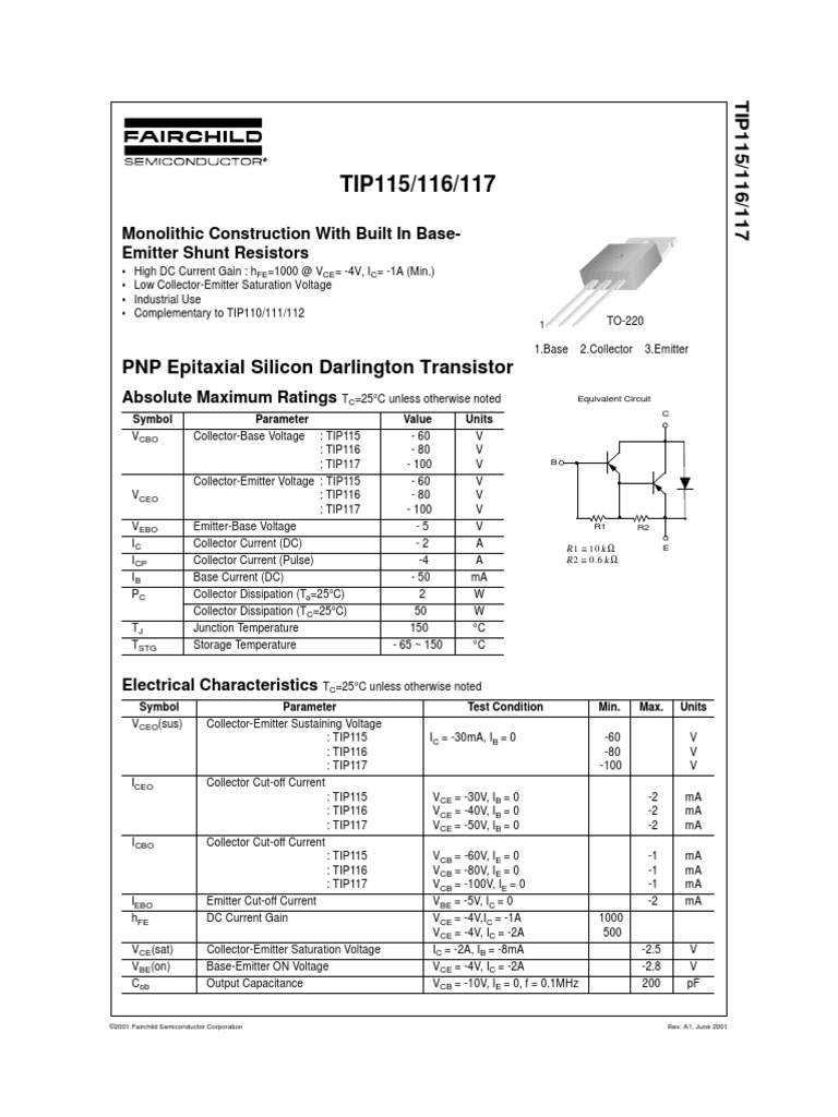 PNP Epitaxial Silicon Darlington Transistor: Monolithic Construction ...