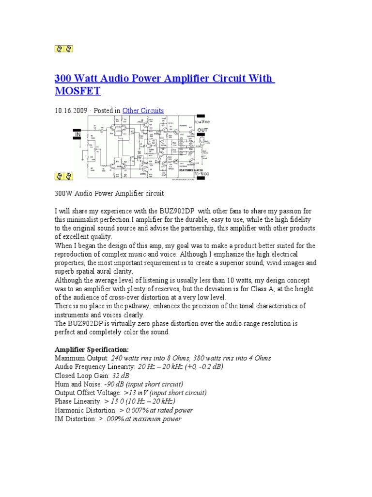 300 Watt Audio Power Amplifier Circuit With MOSFET | PDF