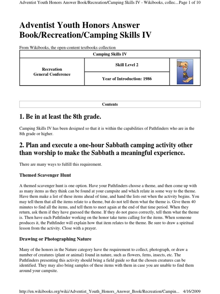 Adventist Youth Honors Answer Book/Recreation/Camping Skills IV ...