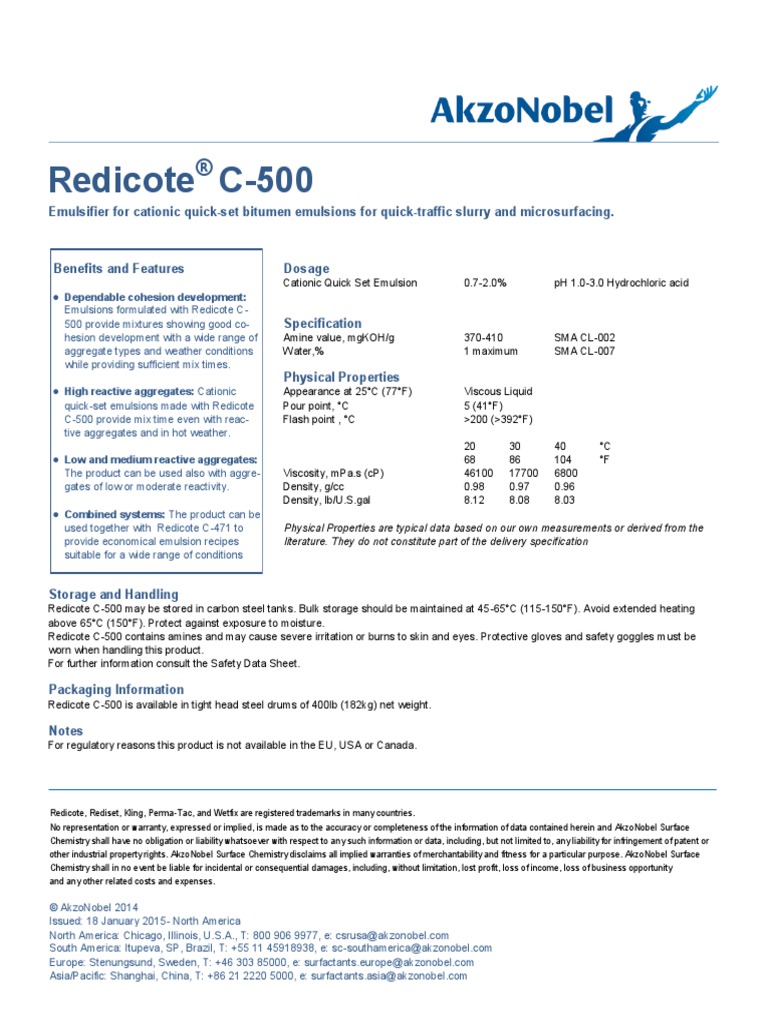 Redicote C-500: Emulsifier For Cationic Quick-Set Bitumen Emulsions For ...