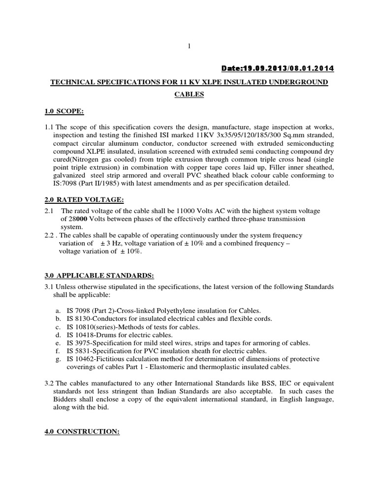 11 KV XLPE Cable Technical Specifications | PDF | Insulator ...