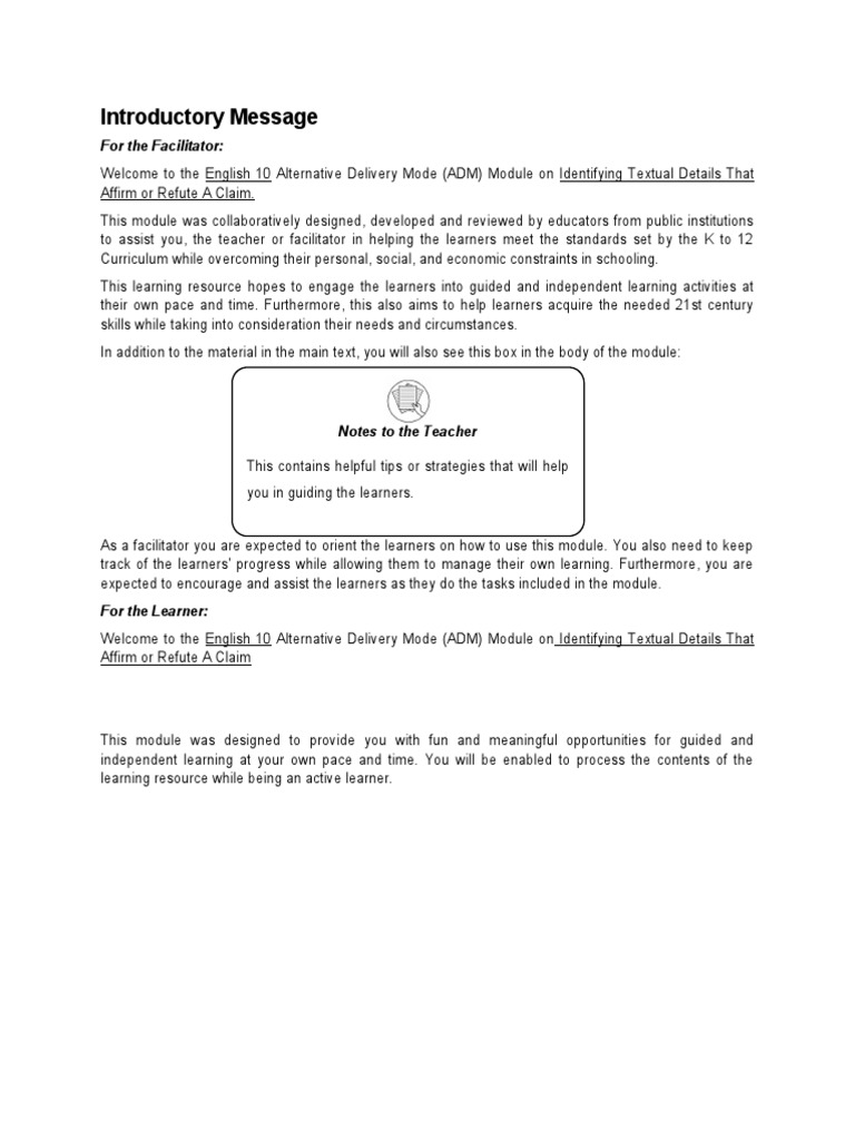 English 10 ADM Module: Textual Claims | PDF