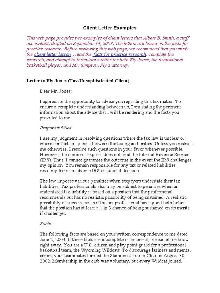 Client Letter Examples | PDF | Internal Revenue Service | Taxation In ...