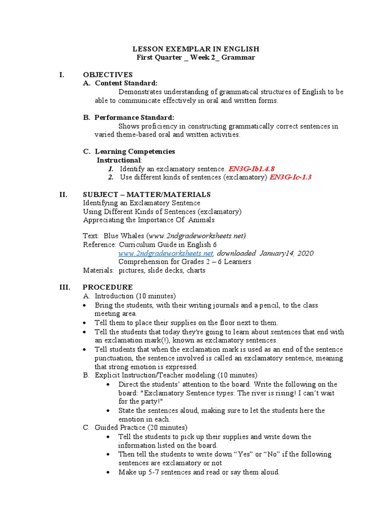 Lesson Exemplar in English Quarter 1 - Week 2 - Grammar | PDF ...