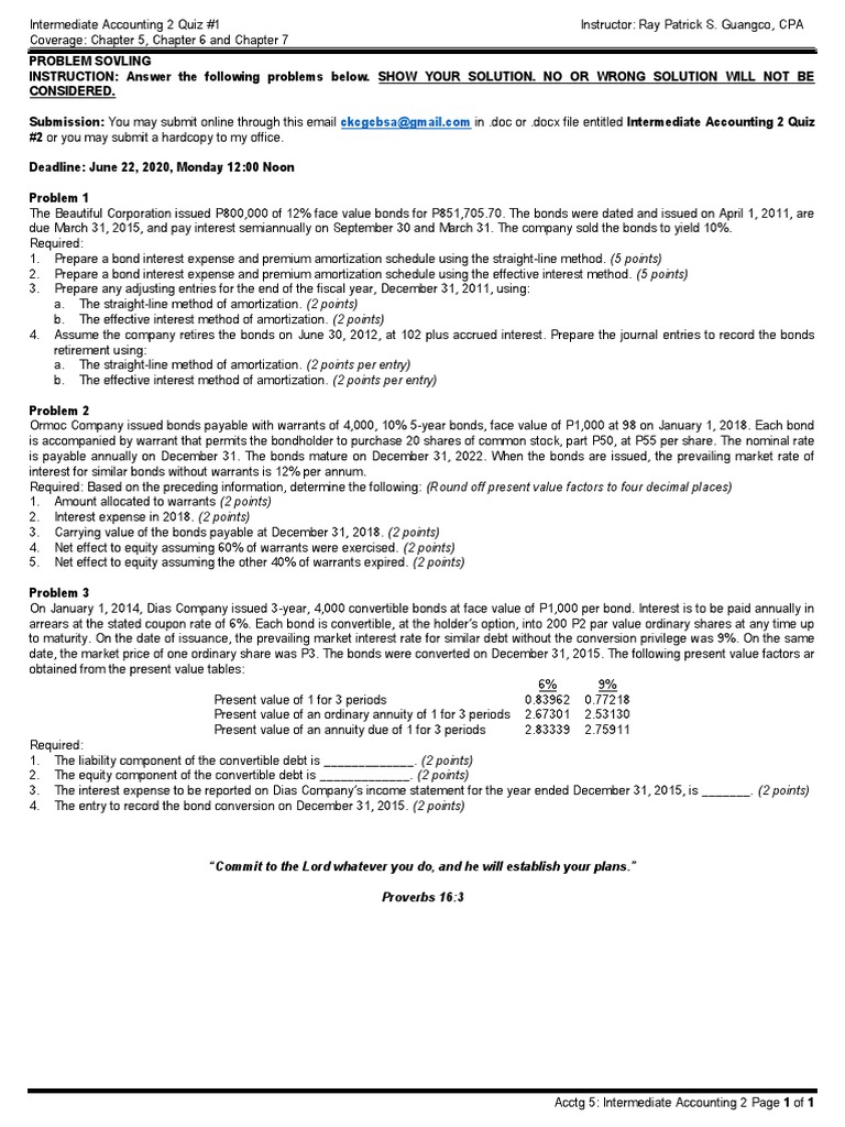Intermediate Accounting 2 Quiz #1 | PDF | Present Value | Convertible Bond