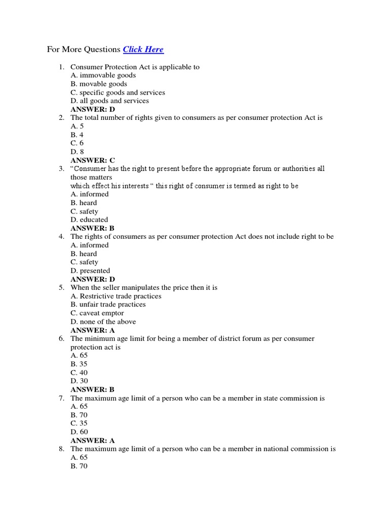 MCQs on Consumer Protection Act 2019 | PDF | Business | Finance & Money ...