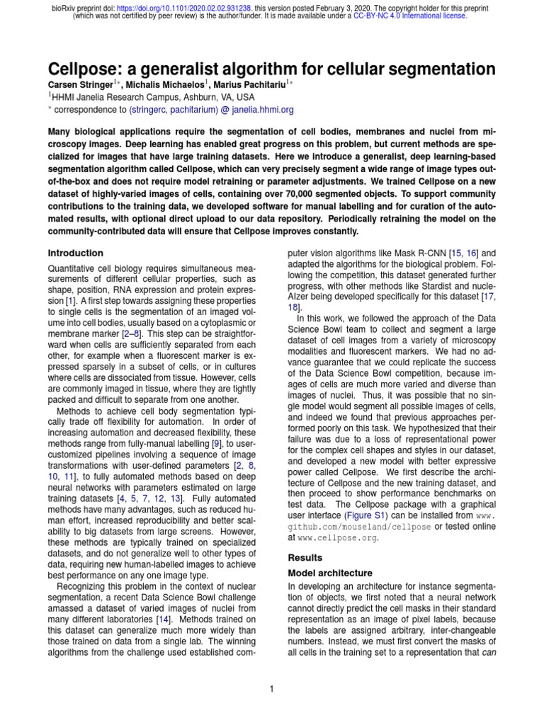 Cellpose: A Generalist Algorithm For Cellular Segmentation | PDF ...