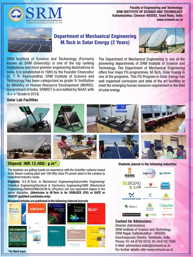 M.Tech Solar Energy at SRM Chennai | PDF | Engineering | Academia