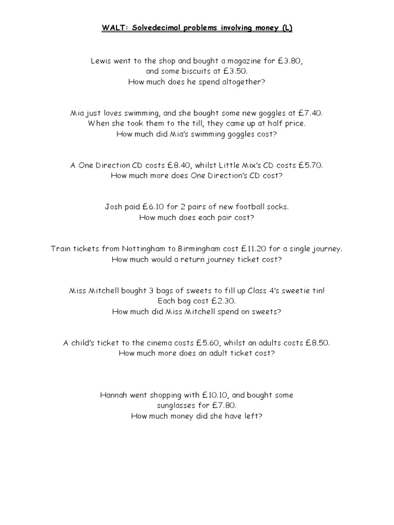 Decimal Word Problems With Answers Pdf