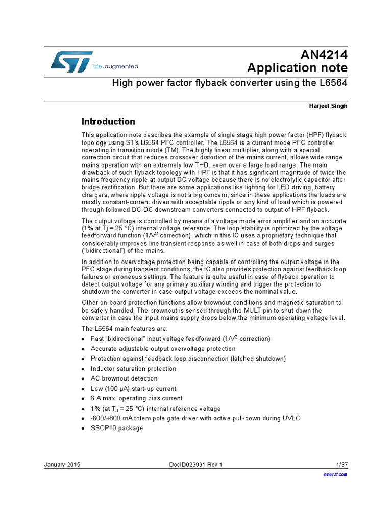 AN4214 Application Note High Power Factor Flyback Converter Using The