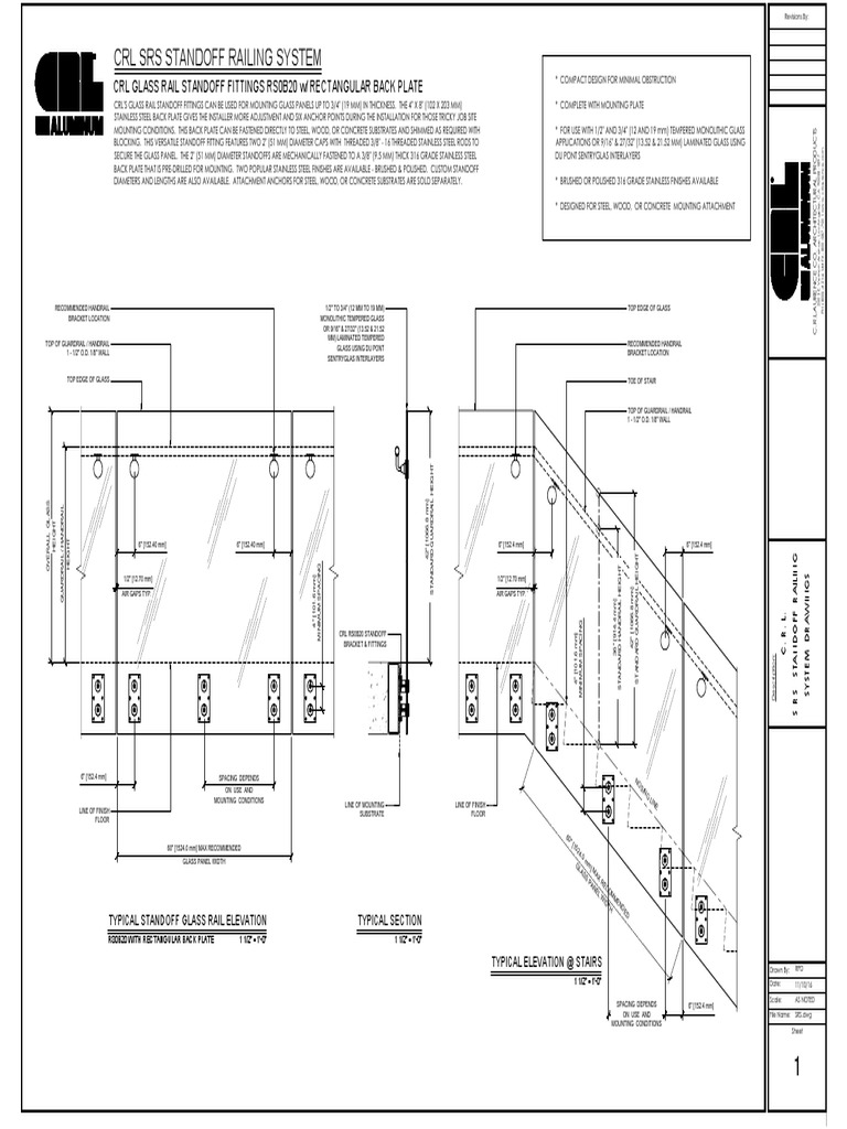 CRL Srs Standoff Railing System CRL Glass Rail Standoff Fittings Rs0B20 W/ Rectangular Back
