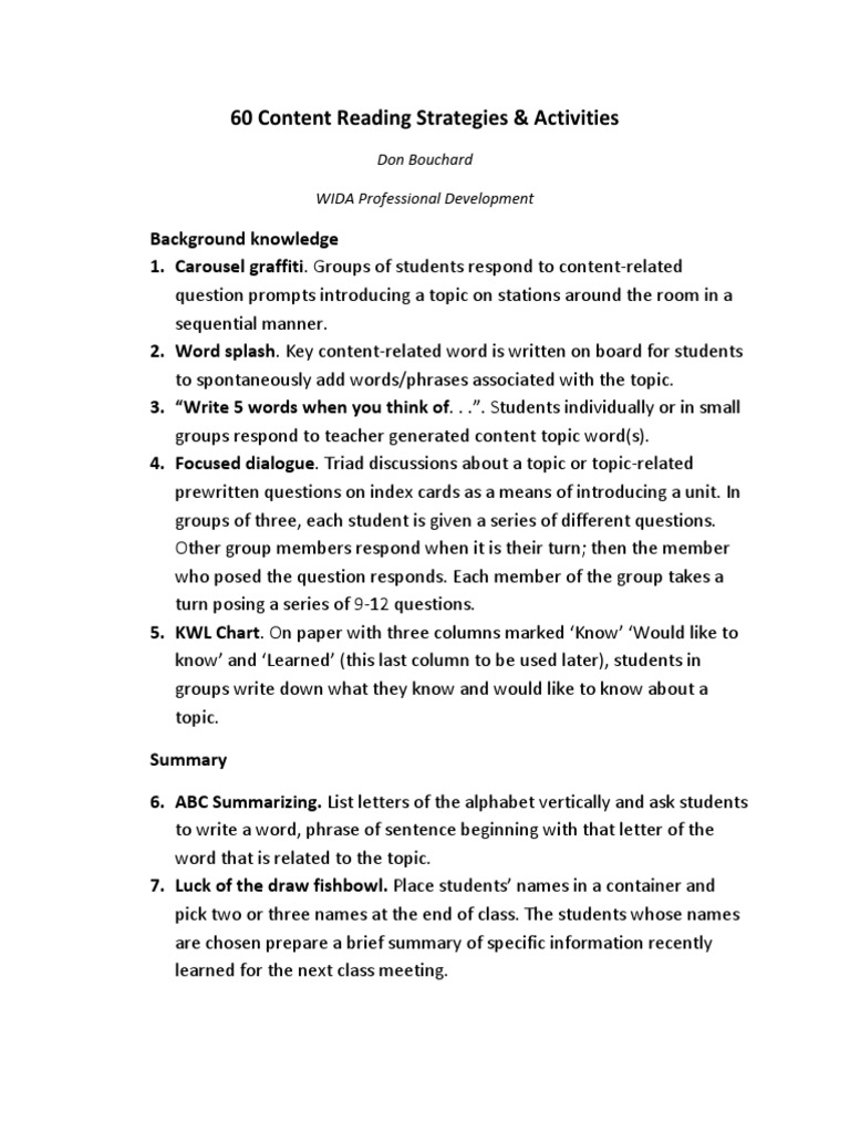 60 Content Reading Strategy Activities PDF | PDF | Word | Verb