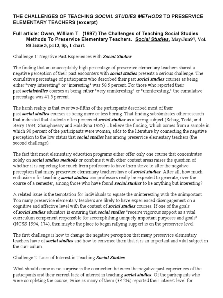 Challenges in Teaching Social Studies | PDF | Teachers | Sociology