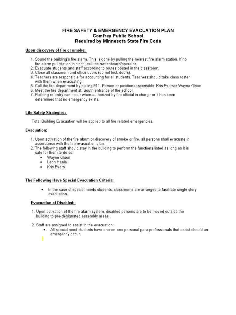 Fire Safety & Emergency Evacuation Plan Comfrey Public School Required