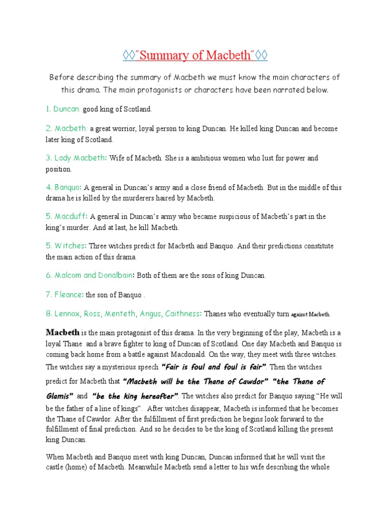 Macbeth Summery. | PDF | Macbeth | Shakespearean Tragedies