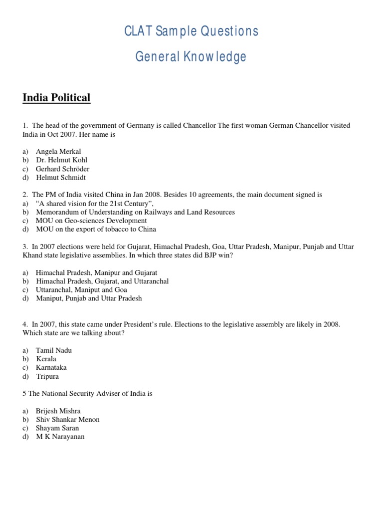 CLAT Sample Questions General Knowledge India Political