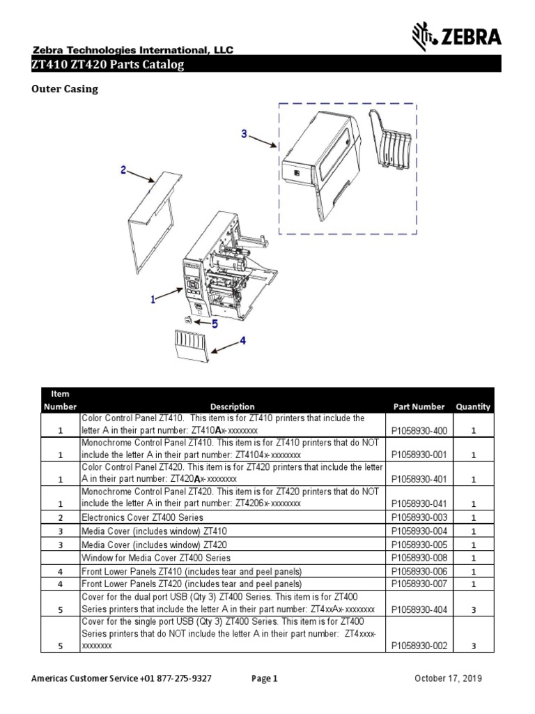 ZT410 ZT420 Parts Catalog Outer Casing PDF Printer