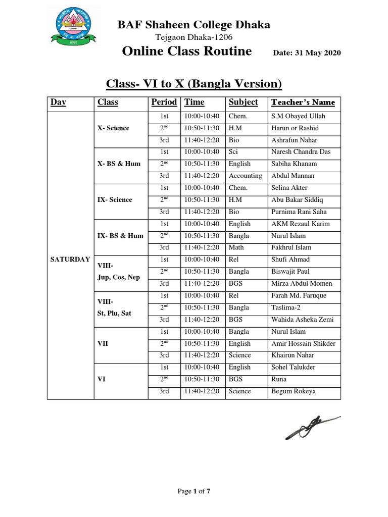 BAF Shaheen College Online Class Schedule | PDF | Bangladesh