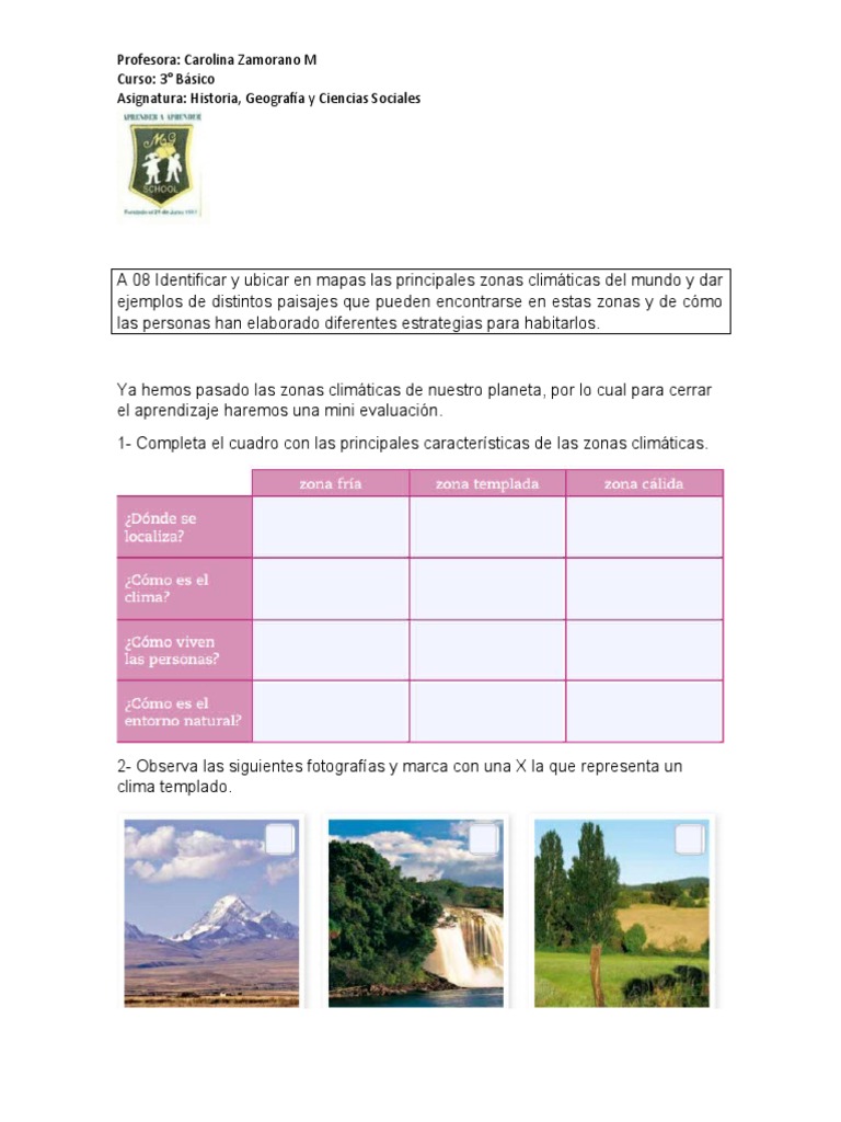 Evaluación de Zonas Climáticas para 3° Básico | PDF | Ciencia y matemáticas