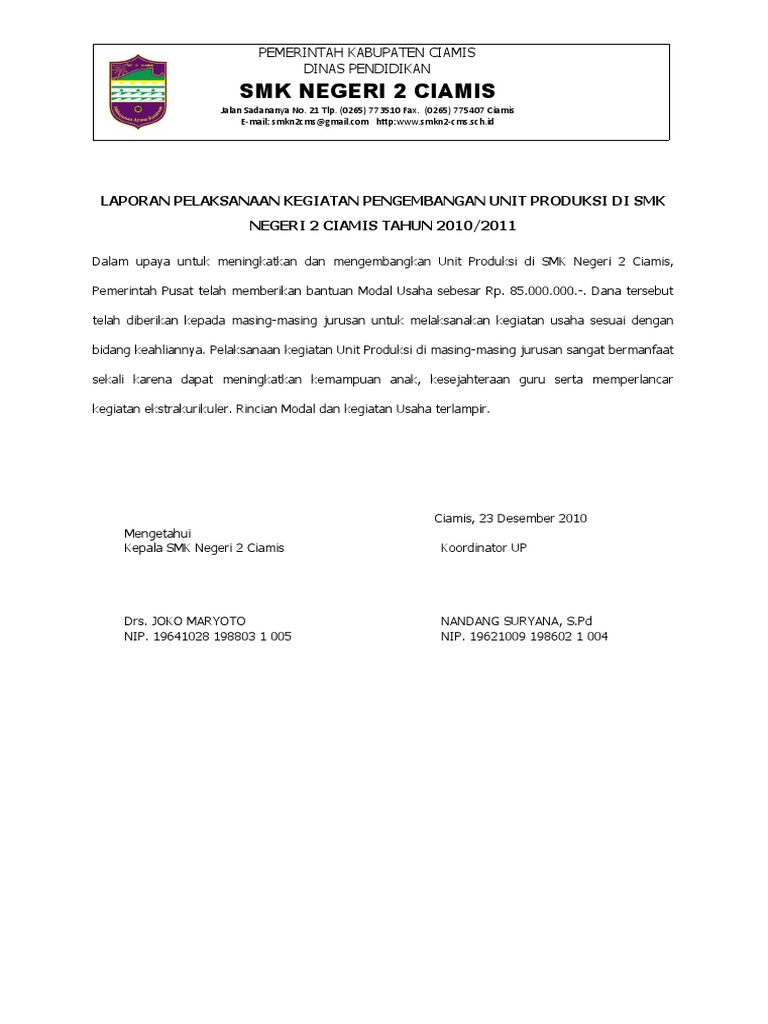 Laporan Pelaksanaan Kegiatan An Unit Produksi Di Smk Negeri 2 Ciamis Tahun 2010
