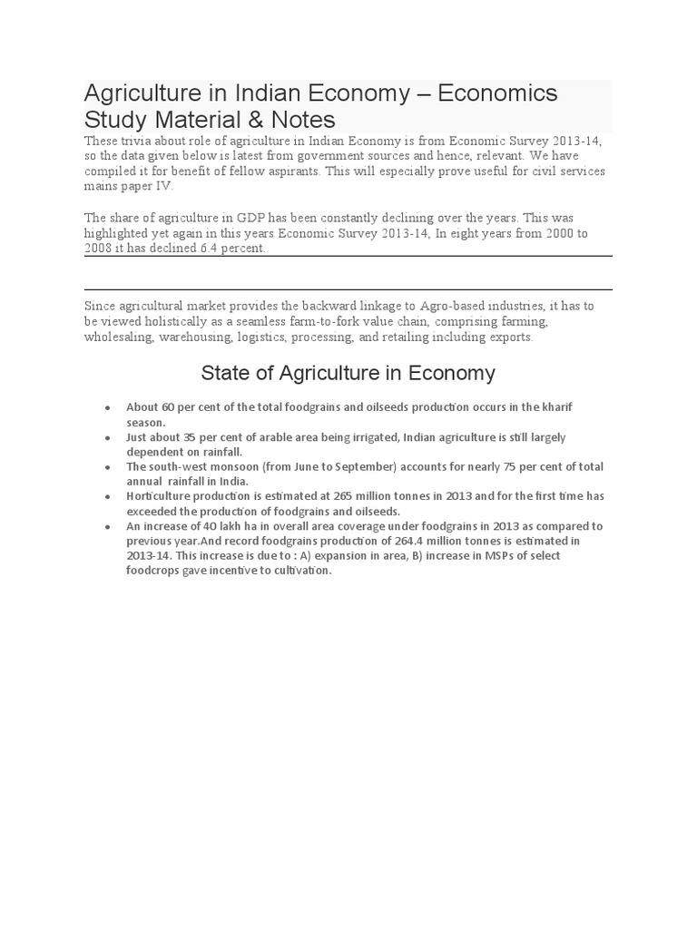 Agriculture in Indian Economy - Economics Study Material & Notes | PDF ...