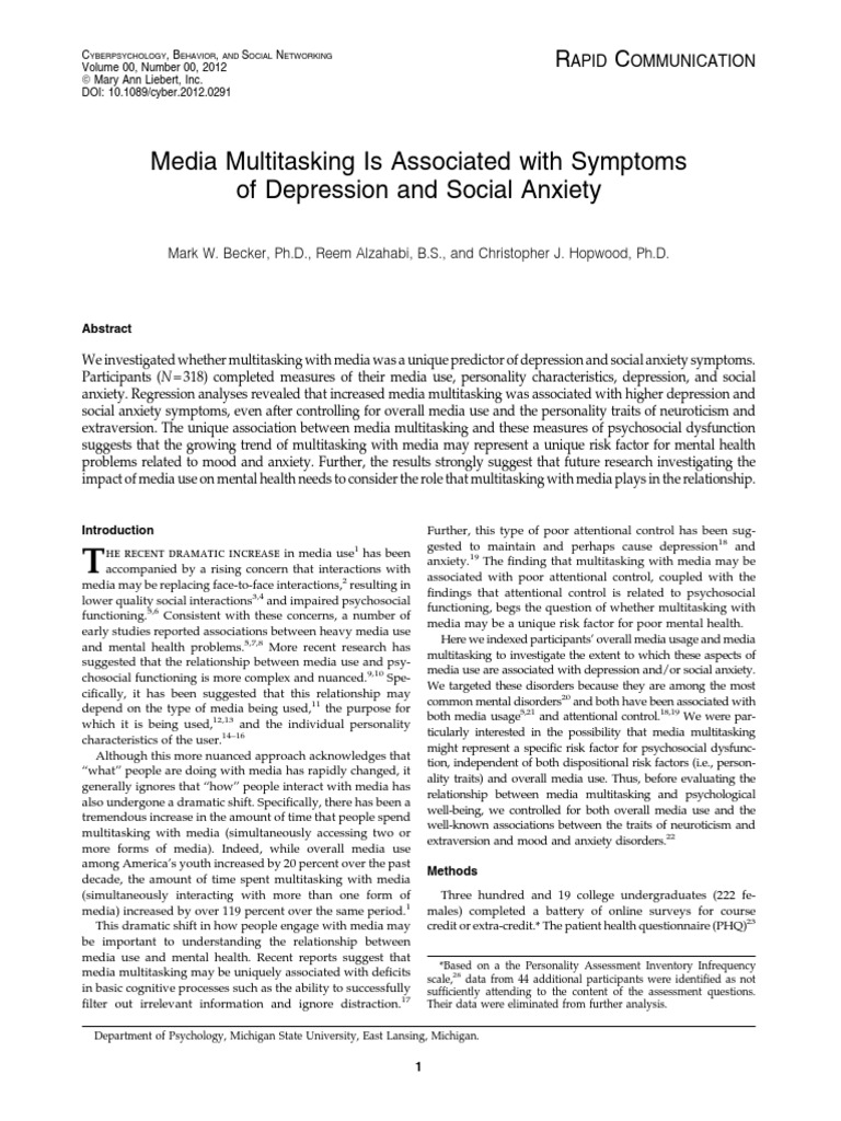 Media Multitasking and Mental Health Risks | PDF | Extraversion And ...