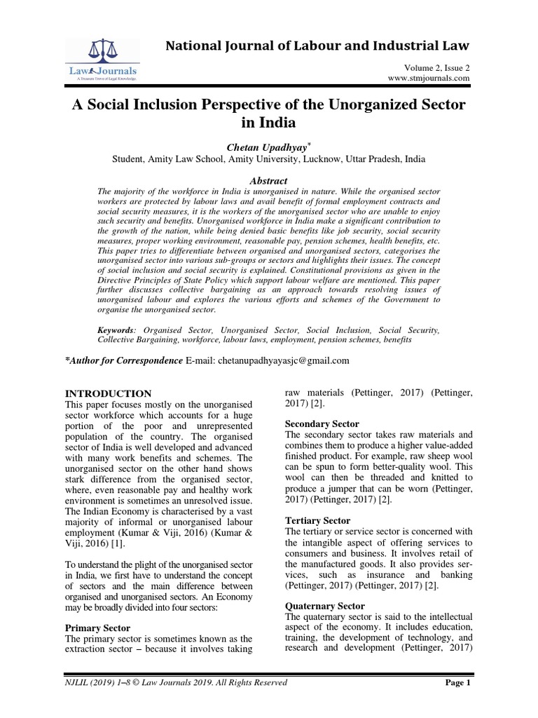 A Social Inclusion of The Unorganized Labour in India PDF | PDF ...