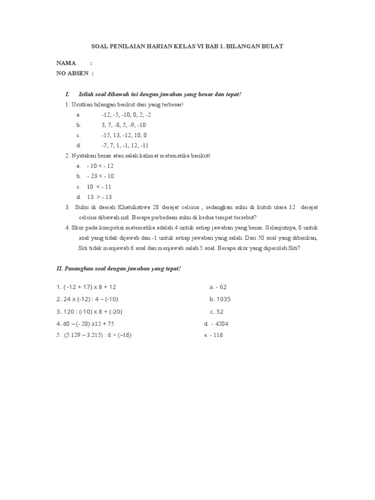 Soal Penilaian Harian Kelas Vi Bab 1