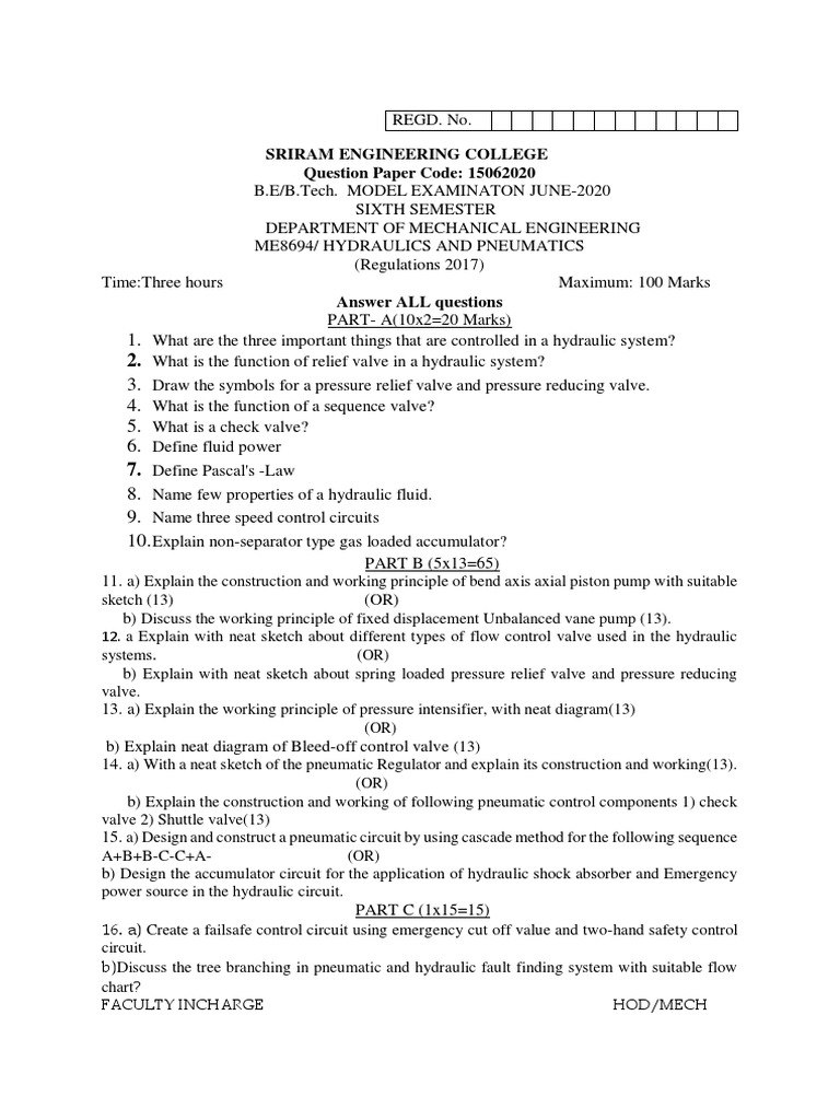 Hydraulics and Pneumatics Exam Questions Covering Key Components