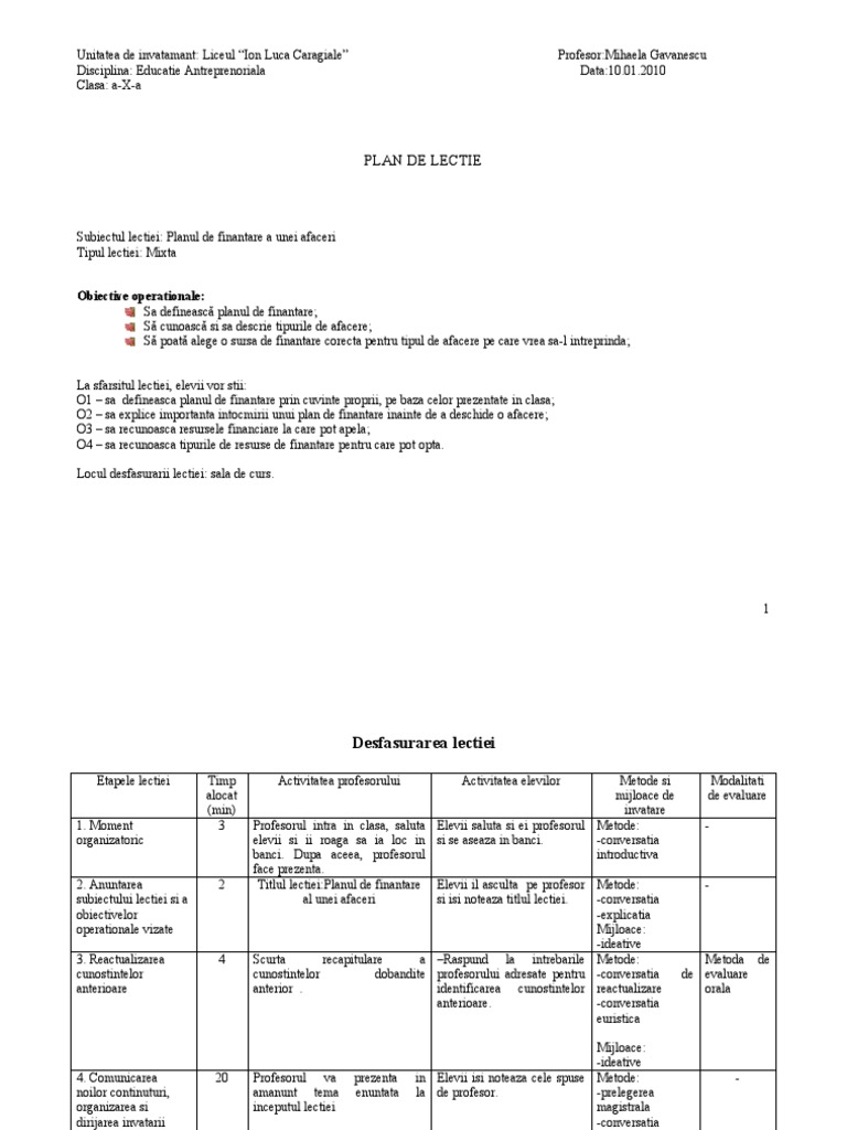 Plan de Lectie | PDF