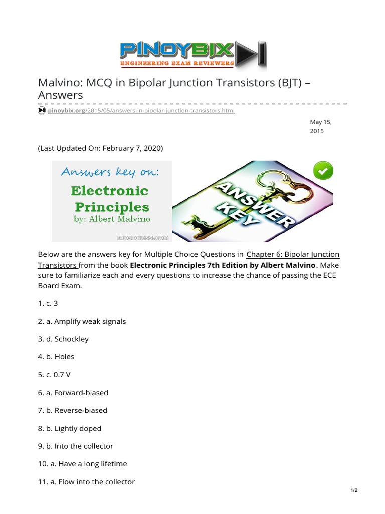 Malvino MCQ in Bipolar Junction Transistors BJT Answers PDF