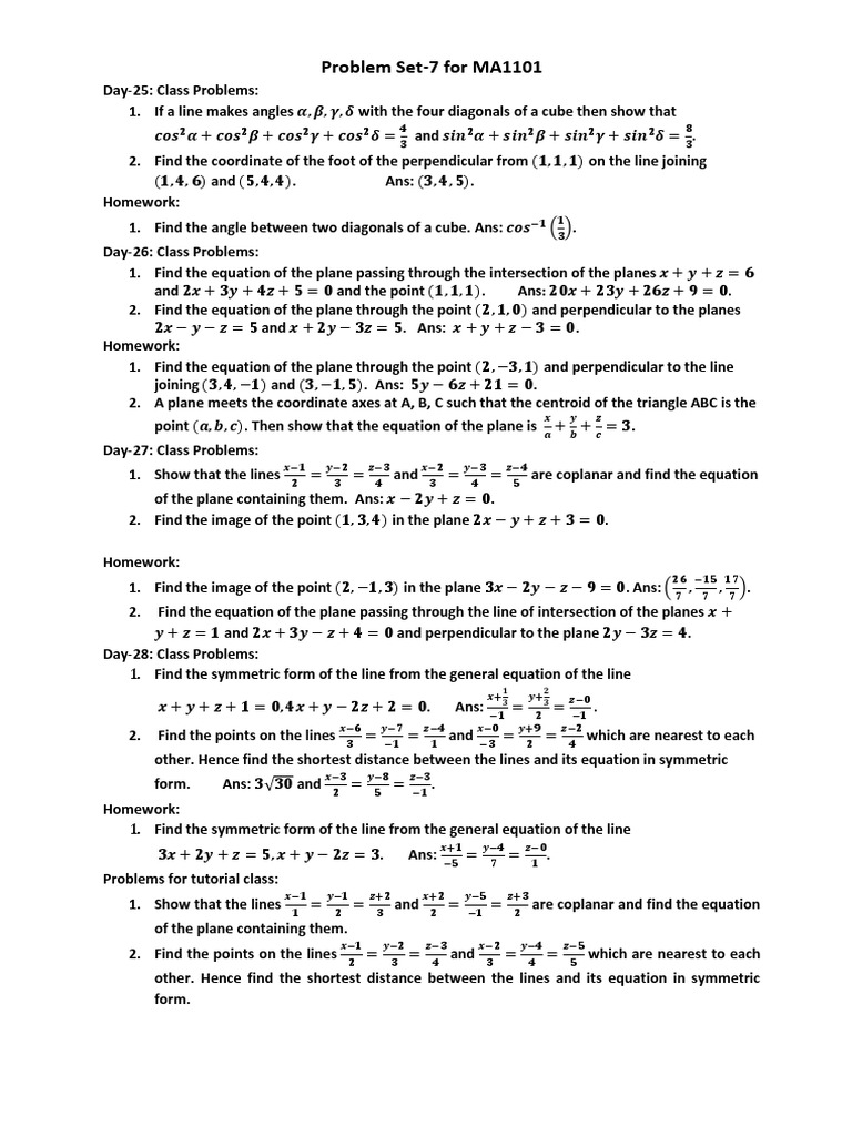 Problem Set-7 For MA1101 | PDF | Perpendicular | Plane (Geometry)