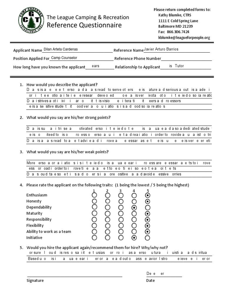 Camp Counselor Reference Form | PDF | Psychology | Cognition