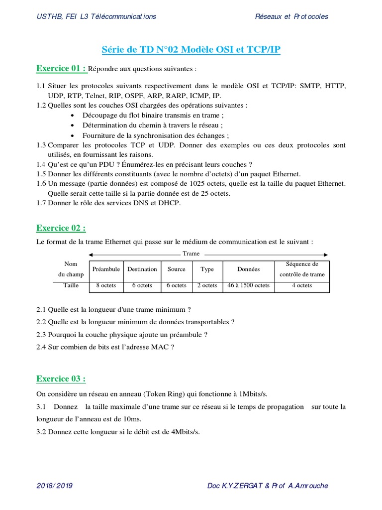 Exercice Corrigé Modele Osi Et Tcp/ip Pdf Série de TD N°02 Modèle OSI Et TCP/IP: Exercice 01 | PDF | Protocoles  Internet | Suite des protocoles Internet