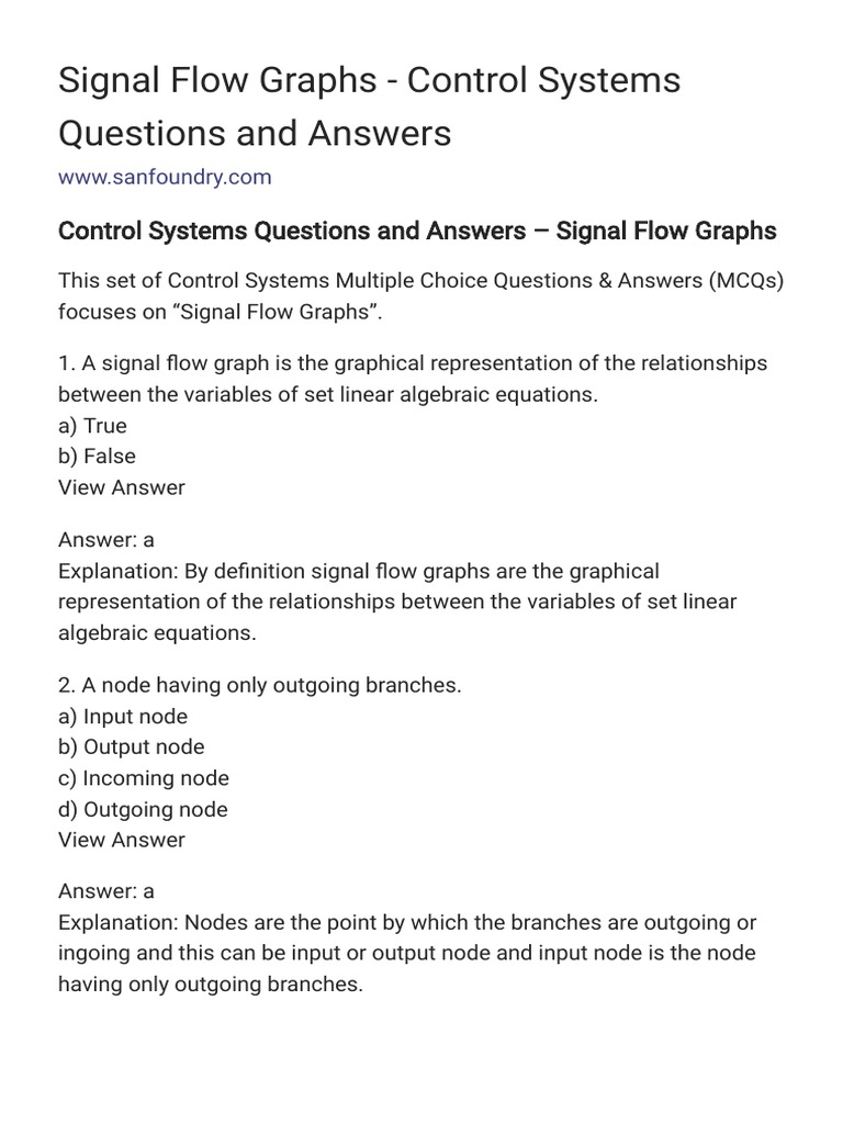 Control Systems Questions and Answers Signal Flow Graphs PDF