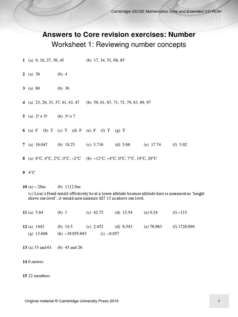 Answers To Core Revision Exercises: Number: Worksheet 1: Reviewing ...