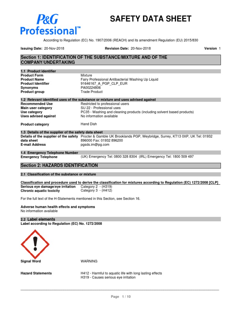 Fairy Professional Liquid Safety Data Sheet | PDF | Dangerous Goods ...