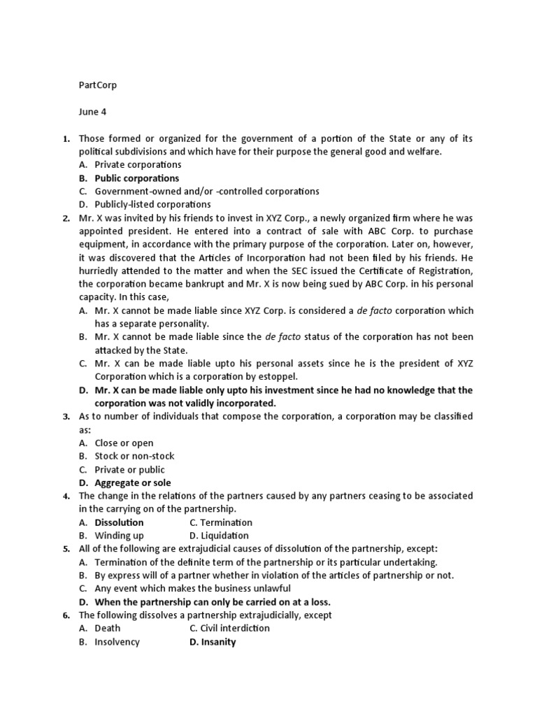 PartCorp Key Corporate Concepts PDF Corporations Partnership