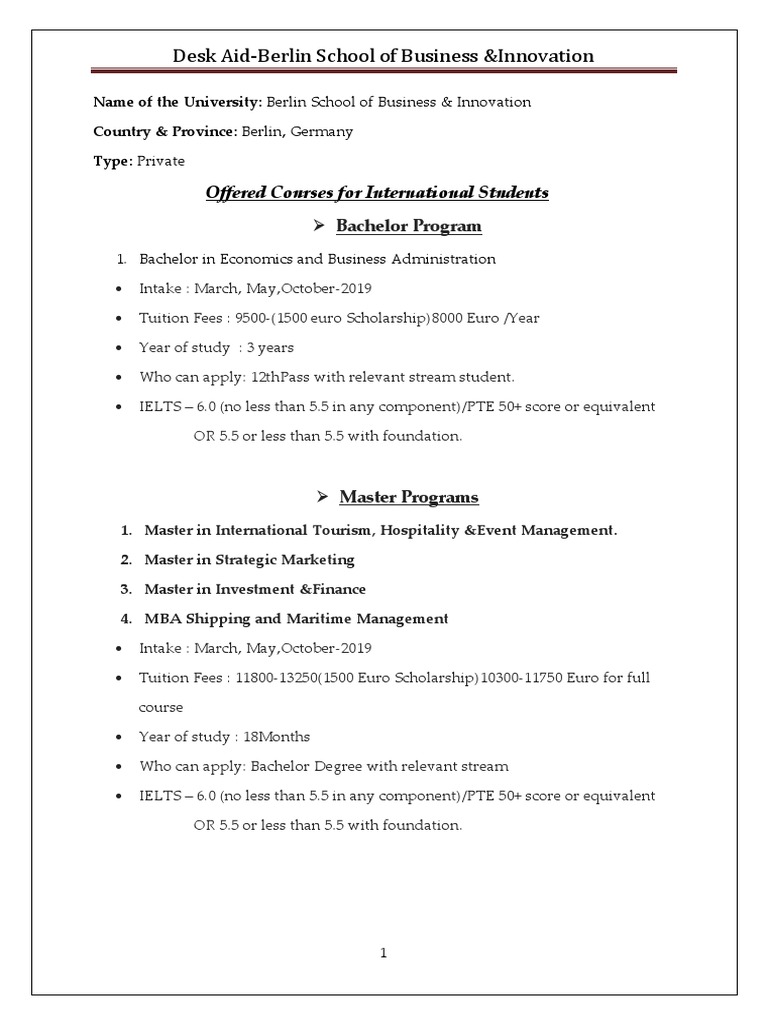 Desk Aid Berlin School Of Business Innovation Offered Courses For International Students Master Of Business Administration Master S Degree