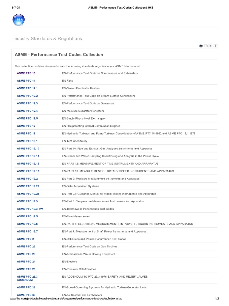 ASME PTC Performance Test Codes Collection IHS List PDF | PDF