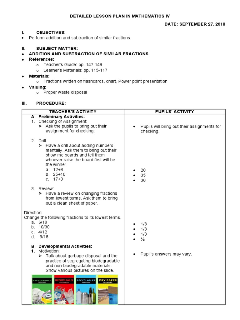 Grade 4 Lesson Plan: Adding Fractions | PDF | Fraction (Mathematics ...